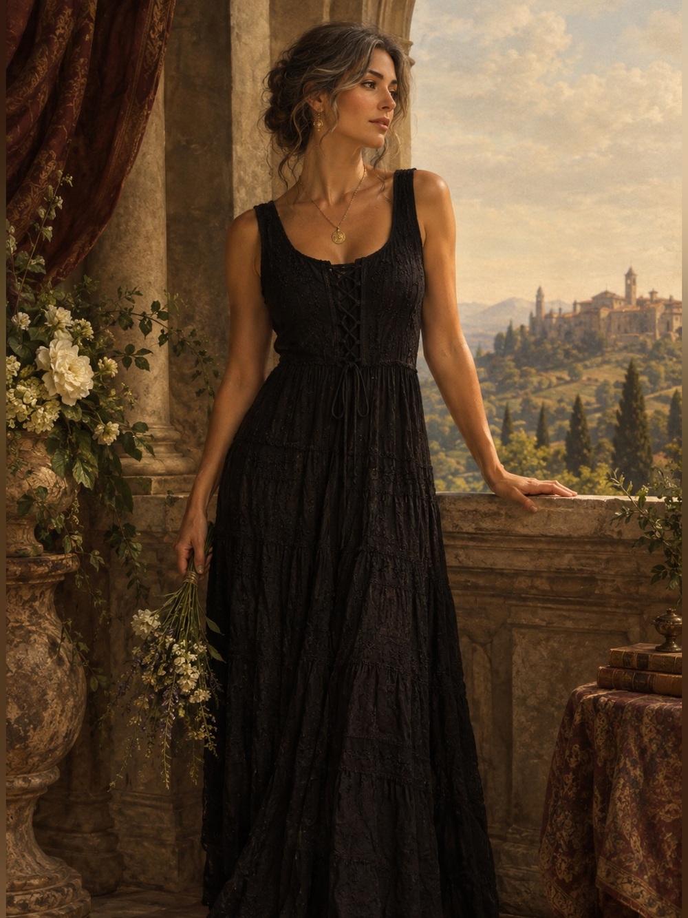 Scully Black Rayon Lace Up Midi Dress Honey Creek Renaissance Boho Western XS